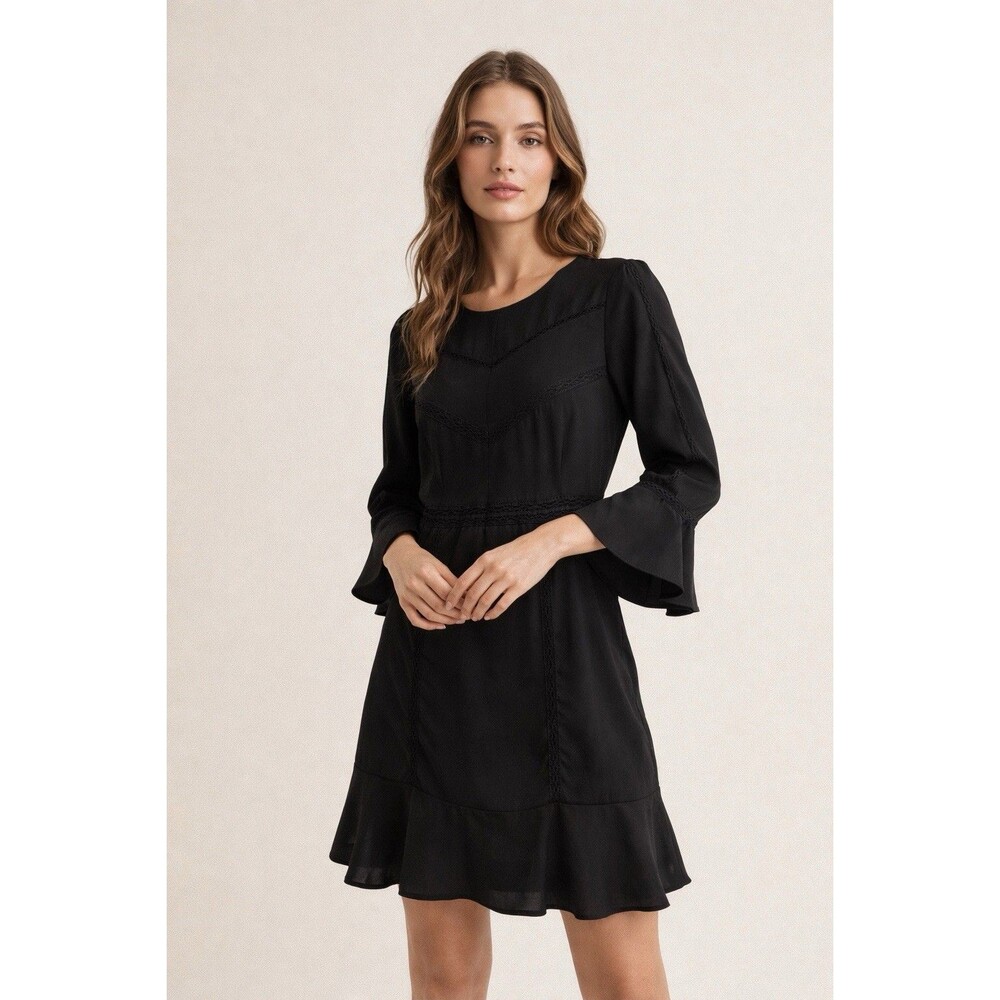 Black Lace Trim Dress Long Sleeve Flare Hem Boho Size L  Roe & De